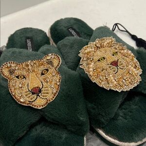 Laines London Green Slippers with Lion Embellishment